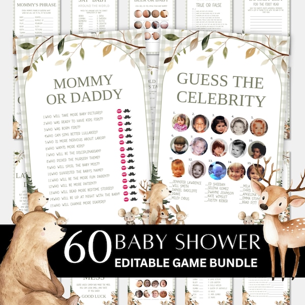 Babyshower-paket i skogen, redigerbara utskrivbara spel, 60 spel ingår
