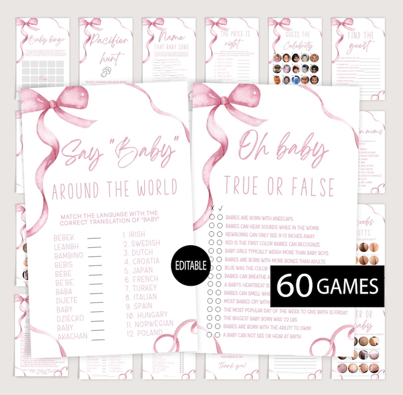 Puede incluir: Cartas de juego de baby shower imprimibles rosas y blancas con acentos de cinta rosa. Los juegos incluyen "Say "Baby" Around the World", "Oh Baby True or False", "Guess the Celebrity", "Find the Guest", "Baby Bingo", "Pacifier Hunt", "Name That Baby Song", "The Price is Right" y "Who's Got the Most Mums".