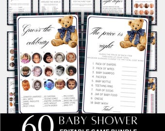 Teddy Bear Baby Shower Games, 60 Editable Cards (Digital Download)