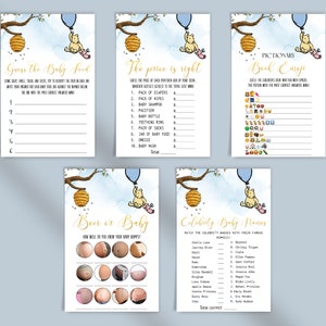 May include: A set of Winnie the Pooh themed baby shower game cards. The cards are blue and yellow with a Winnie the Pooh illustration. The games include "Guess the Baby Food", "The Price is Right", "Pictionary: Book Emoji", "Beer or Baby", and "Celebrity Baby Names".