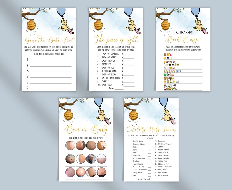 May include: A set of Winnie the Pooh themed baby shower game cards. The cards are blue and yellow with a Winnie the Pooh illustration. The games include "Guess the Baby Food", "The Price is Right", "Pictionary: Book Emoji", "Beer or Baby", and "Celebrity Baby Names".