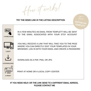 May include: A diagram explaining how to use a digital template. The steps are: 1. Purchase, 2. Edit, 3. Download, 4. Print. The text says "How it works!" and "Try the demo link in the listing description".
