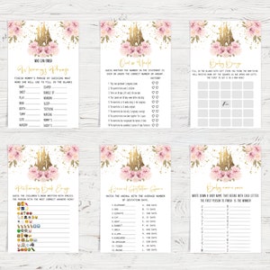 May include: A set of printable baby shower game cards featuring a pink and gold castle design with floral accents. The games include "Who Can Finish Mommy's Phrase", "Over or Under", "Baby Bingo", "Pictionary Book Emoji", "Animal Gestation Game", and "Baby Names Race".