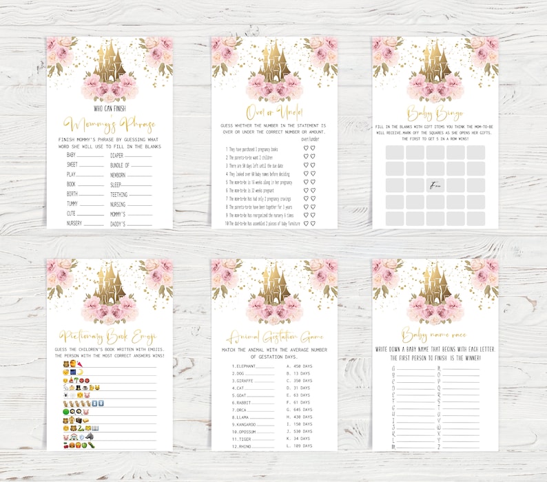 May include: A set of printable baby shower game cards featuring a pink and gold castle design with floral accents. The games include "Who Can Finish Mommy's Phrase", "Over or Under", "Baby Bingo", "Pictionary Book Emoji", "Animal Gestation Game", and "Baby Names Race".