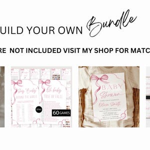 Puede incluir: Un paquete de imprimibles para baby shower rosa y blanco con un dise&ntilde;o de lazo de acuarela. El paquete incluye un letrero de bienvenida, juegos para baby shower, un letrero para la mesa de regalos de baby shower y una invitaci&oacute;n para baby shower. El texto de la invitaci&oacute;n dice "Baby Shower" y "[Name] Smith".