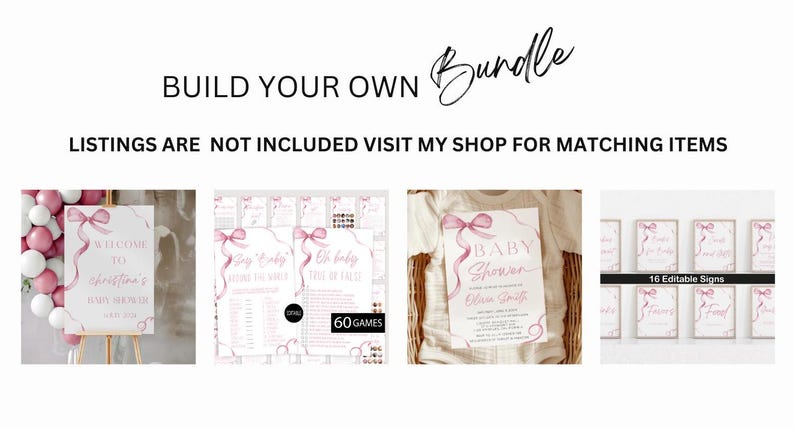 Puede incluir: Un paquete de imprimibles para baby shower rosa y blanco con un dise&ntilde;o de lazo de acuarela. El paquete incluye un letrero de bienvenida, juegos para baby shower, un letrero para la mesa de regalos de baby shower y una invitaci&oacute;n para baby shower. El texto de la invitaci&oacute;n dice "Baby Shower" y "[Name] Smith".