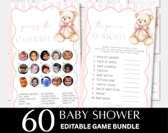Pink Baby Shower Game Bundle-60 Editable Templates-Instant download