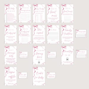 Puede incluir: Un conjunto de tarjetas de juego de baby shower imprimibles con acentos de cinta rosa. Los juegos incluyen "Oh Baby Verdadero o Falso", "Adivina la comida para beb&eacute;s", "C&aacute;psula del tiempo", "Adivina el dulce desastre", "Tradiciones familiares", "Qu&eacute; tan grande est&aacute; la barriga de mam&aacute;", "Adivina cu&aacute;ntos ositos de gominola", "Tarro de consejos para padres", "Rifa de pa&ntilde;ales", y "Libros para beb&eacute;".