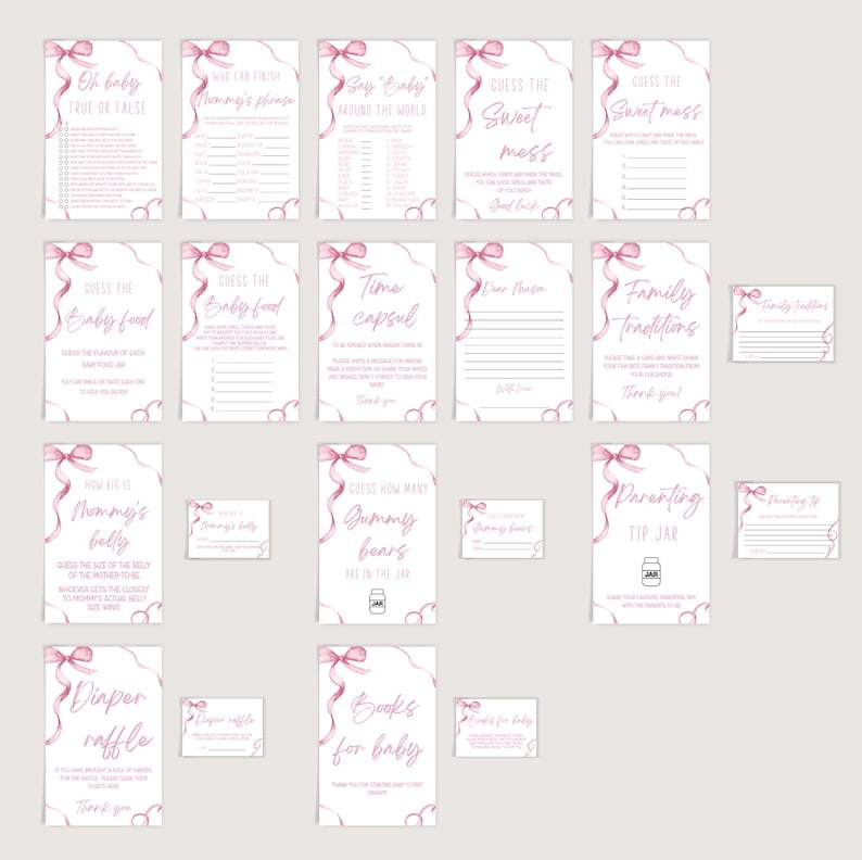Puede incluir: Un conjunto de tarjetas de juego de baby shower imprimibles con acentos de cinta rosa. Los juegos incluyen "Oh Baby Verdadero o Falso", "Adivina la comida para beb&eacute;s", "C&aacute;psula del tiempo", "Adivina el dulce desastre", "Tradiciones familiares", "Qu&eacute; tan grande est&aacute; la barriga de mam&aacute;", "Adivina cu&aacute;ntos ositos de gominola", "Tarro de consejos para padres", "Rifa de pa&ntilde;ales", y "Libros para beb&eacute;".