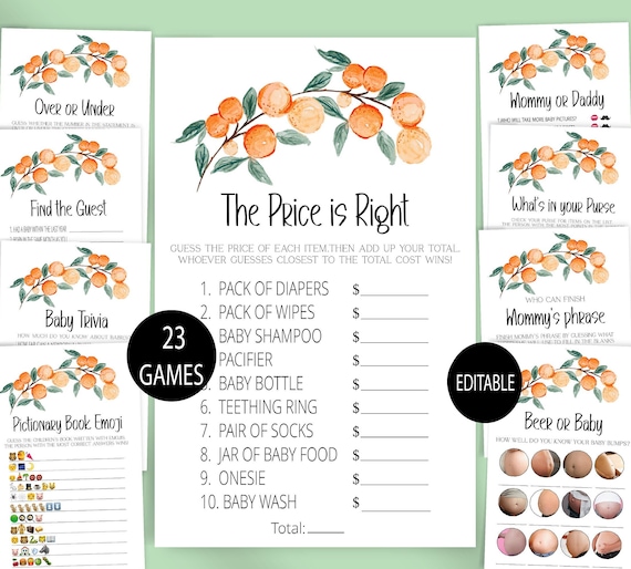 Little Cutie Baby Shower Game Bundle, Orange Baby Shower Game Pack,Neutral Game Bundle,The price is right,Would she rather,Baby Prediction