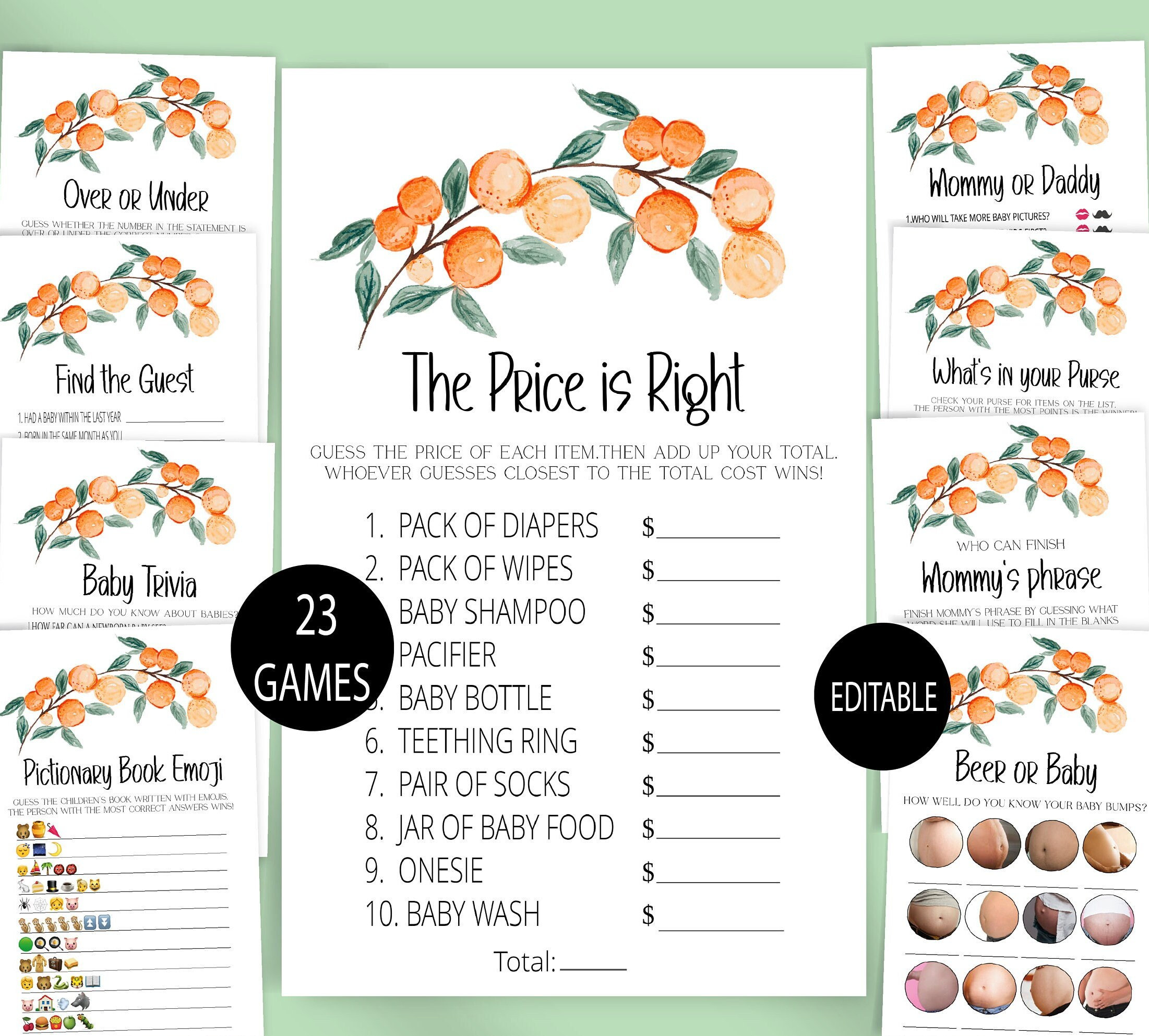 Little Cutie Baby Shower Game Bundle, Orange Baby Shower Game Pack, Neutral Game Bundle, Der Preis stimmt, Würde sie lieber, Baby Prediction