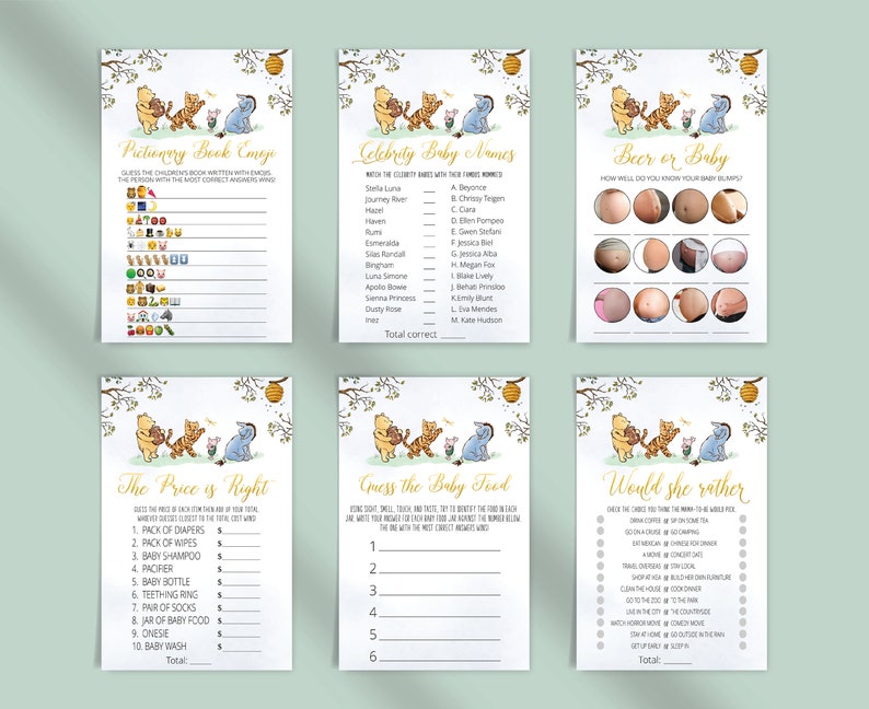 Honey Baby Shower Games,Classic Winnie the Pooh Baby Shower,Printable Games,Game Bundle,23 Games Included,Baby Prediction,Book Emoji Game image 2