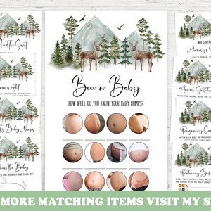 Pu&ograve; includere: Un set di carte da gioco per baby shower stampabili con un tema boschivo. Le carte presentano un'illustrazione ad acquerello di una catena montuosa, alberi e cervi. I giochi includono "Indovina l'ospite", "Il prezzo &egrave; giusto", "Nomi di bambini famosi", "Disegna il bambino", "Birra o bambino", "La frase della mamma", "Gioco di gestazione degli animali", "Abbinamento di caramelle per la gravidanza" e "Bingo del libro di gravidanza".