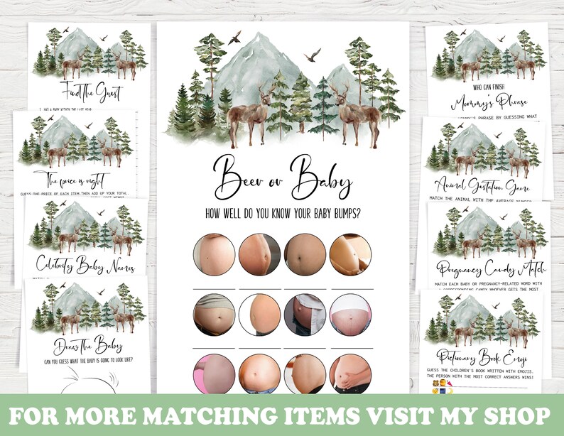Pu&ograve; includere: Un set di carte da gioco per baby shower stampabili con un tema boschivo. Le carte presentano un'illustrazione ad acquerello di una catena montuosa, alberi e cervi. I giochi includono "Indovina l'ospite", "Il prezzo &egrave; giusto", "Nomi di bambini famosi", "Disegna il bambino", "Birra o bambino", "La frase della mamma", "Gioco di gestazione degli animali", "Abbinamento di caramelle per la gravidanza" e "Bingo del libro di gravidanza".