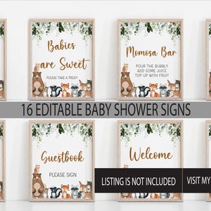 May include: Set of 16 editable baby shower signs featuring woodland animals, greenery, and gold text. The signs include "Books for Baby", "Babies are Sweet", "Momosa Bar", "Cards and Gifts", "Pacifier Hunt", "Guestbook", "Welcome", and "Late Night Diaper".