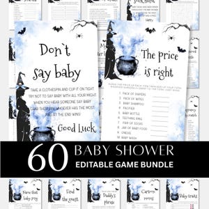 May include: A collection of baby shower games with a Halloween theme. The games include "Don't Say Baby" and "The Price is Right", with witch-themed illustrations and the text "60 Baby Shower Editable Game Bundle".