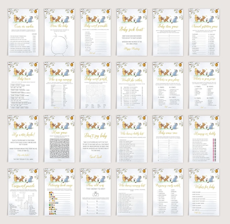 May include: A set of 16 printable baby shower game cards featuring Winnie the Pooh and his friends. The cards are decorated with a light blue and yellow color scheme and feature a variety of games, including "Who Knows Baby Best", "Baby Word Scramble", and "Don't Say Baby".