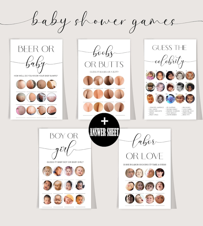 Juegos divertidos para baby shower, paquete divertido para baby shower, paquete moderno para baby shower, 5 juegos incluidos, tarjetas imprimibles para baby shower, descarga instantánea imagen 1