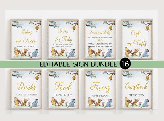 Editable Winnie the Pooh Baby Shower Sign,Table Sign Bundle,Books for Baby Sign,Welcome Sign,Pacifier Hunt Sign,Momosa Bar Sign,16 Sign