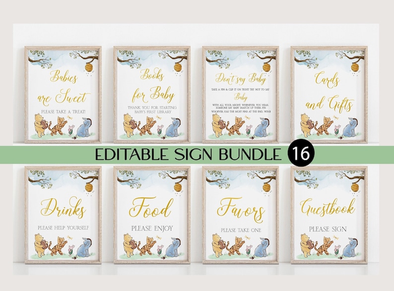 May include: A set of 8 printable Winnie the Pooh baby shower signs. The signs feature Winnie the Pooh and his friends Piglet, Tigger, and Eeyore. The signs are in a light blue and yellow colour scheme with a honeycomb design. The signs include: "Babies are Sweet", "Books for Baby", "Don't Say Baby", "Cards and Gifts", "Drinks", "Food", "Favors", and "Guestbook".