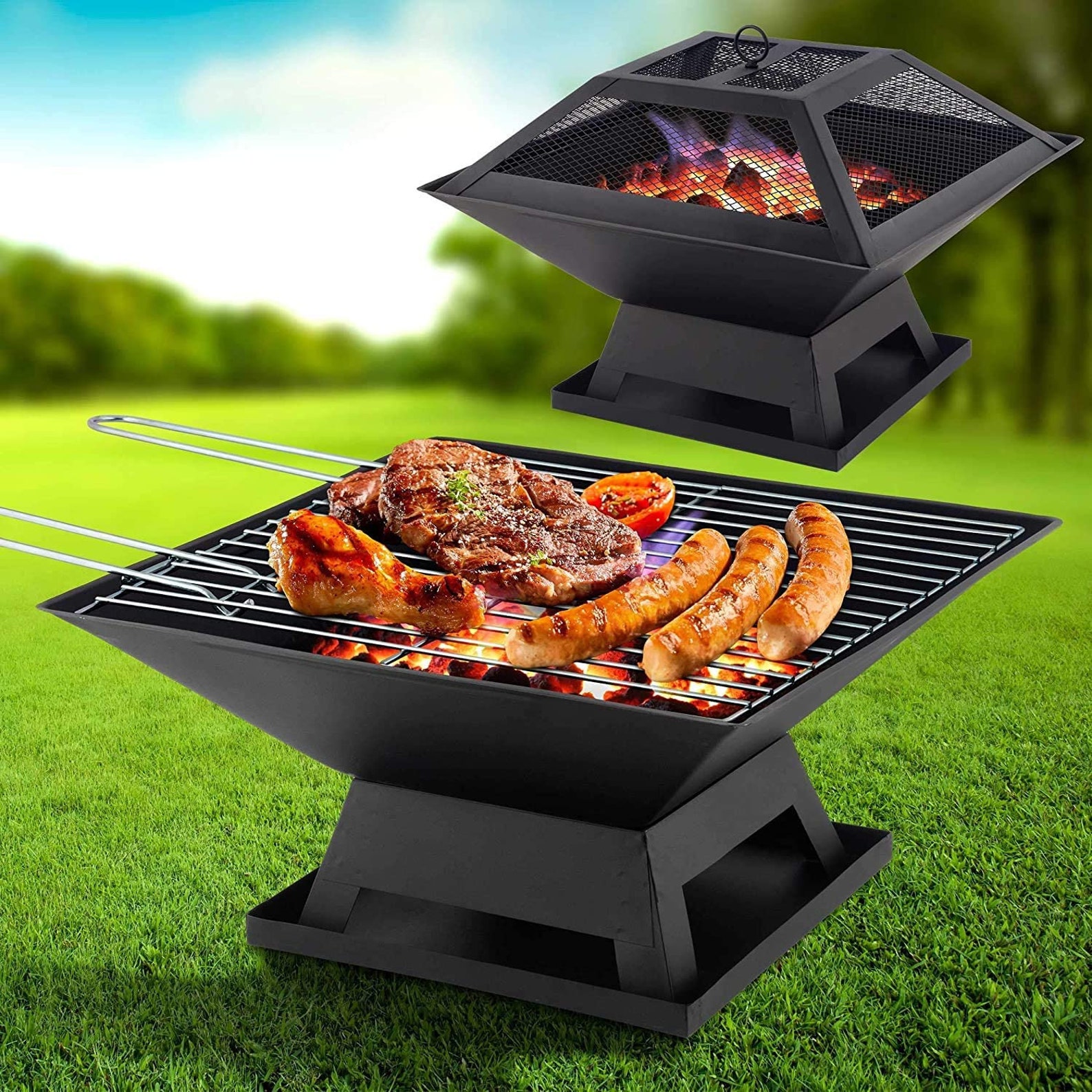Square Fire Pit with BBQ Grill Heater Outdoor Garden Black Etsy