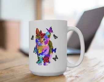 Colorful Cat Mug | Meow Kitty Coffee Mug | Watercolor Cat With Butterflies Mugs | Cat Lover Gifts