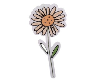 Op de afbeelding: Een eenvoudige lijntekening van een bloem met een lichtoranje hart en witte bloemblaadjes. De bloem zit op een groene stengel met twee bladeren.