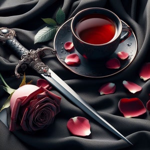 Könnte beinhalten: Ein schwarzes Dolch mit verzierten silbernen und roten Akzenten liegt auf einem schwarzen Stoffhintergrund mit einer Rose und Rosenblättern. Eine schwarze Teetasse mit dunkelrotem Tee steht auf einer schwarzen Untertasse mit Rosenblättern.