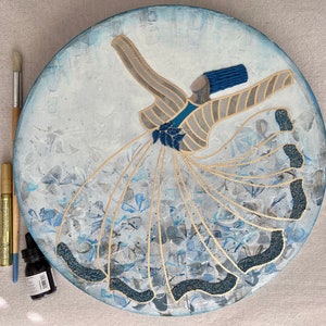 Whirling Dervish Art: Embroidered Islamic Mixed Media Painting