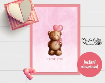 Bear Valentine, Downloadable Card, Digital Card, Love Card, Valentine Card, Instant Download, I love you, Bear Card, Valentine's Day Bear