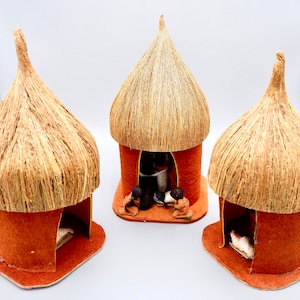 Capanna in corteccia, presepe africano, presepe di Natale con stalla da 3 pezzi, presepe di Natale in legno.