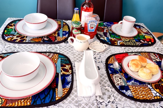African Print Quilted Placemats - Set of 4 Cotton Oval Table Mats