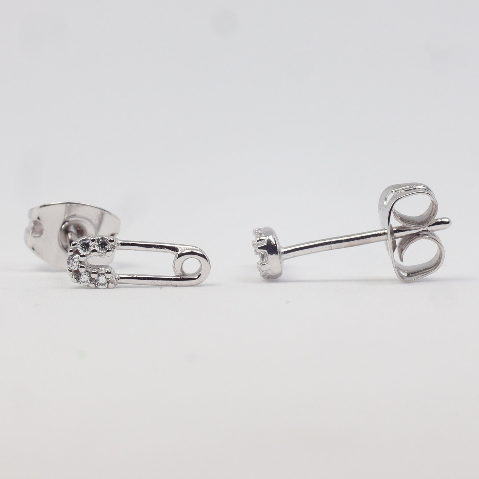 Silver Mini Safety Pin Stud Earrings Rhodium Plated Earrings Etsy