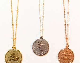 Gold Zodiac Necklace, Gold necklace, Horoscope Bead Chain, Coin Celestial Charm, gold plated charm, gold filled, disc necklace,birthday gift