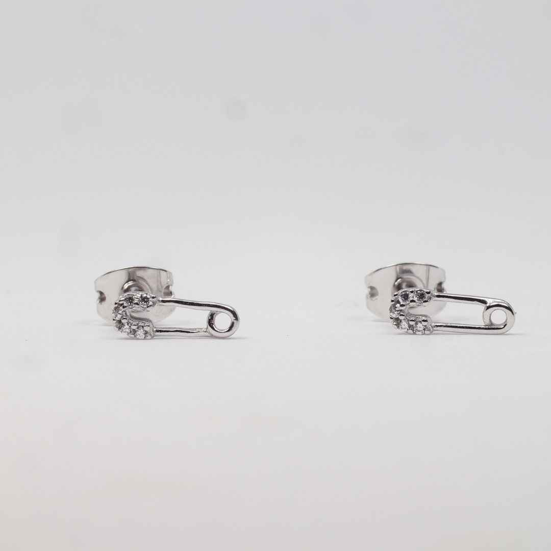 Silver Mini Safety Pin Stud Earrings Rhodium Plated Earrings CZ Studs