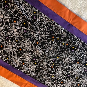 Fall table decor, Halloween table runner, black, purple and orange with spiderwebs, Kitchen Decor