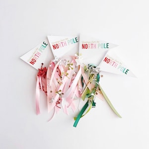 Peut inclure: Quatre fanions en papier blanc avec le texte "Greetings from the NORTH POLE" en dégradé arc-en-ciel. Les fanions sont attachés à des rubans roses, verts et blancs avec des étoiles dorées scintillantes.