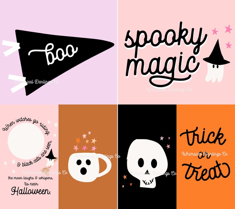 May include: Four printable Halloween themed cards with black and white illustrations and text. The first card is purple with a black pennant that says "boo". The second card is pink with black text that says "spooky magic" and a black and white ghost with a witch's hat. The third card is brown with a white mug with a ghost face and the text "when witches go riding, & black cats are seen. The moon laughs & whispers, tis near Halloween." The fourth card is orange with black text that says "trick treat".