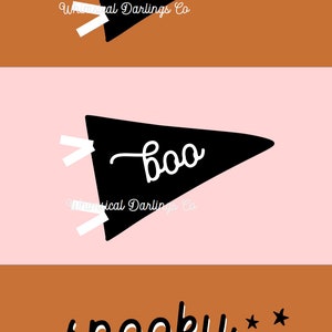 May include: A set of three Halloween-themed printable designs featuring black pennants with the word "boo" in white script and a ghost with a witch's hat and stars. The text "Whimsical Darlings Co." appears on each design.