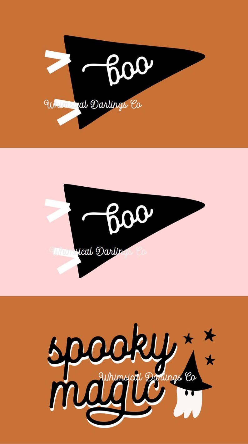 May include: A set of three Halloween-themed printable designs featuring black pennants with the word "boo" in white script and a ghost with a witch's hat and stars. The text "Whimsical Darlings Co." appears on each design.