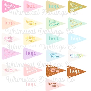 May include: A set of 16 pastel-coloured pennant flags with various Easter-themed phrases and designs. The phrases include "hop", "little bunny", "honey bunny", "chicks rule", "hip hop hooray", and "egg-stra special".