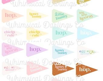 May include: A set of 16 pastel-colored pennant flags with various Easter-themed phrases and designs. The phrases include "hop", "little bunny", "honey bunny", "chicks rule", "hip hop hooray", and "egg-stra special".
