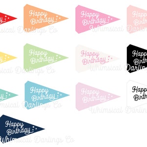 Può includere: Una collezione di bandierine colorate con la scritta "Happy Birthday" in corsivo bianco. Ogni bandierina ha un colore diverso, tra cui rosso, arancione, rosa, giallo, verde e blu. Le bandierine hanno anche piccoli accenti a stella.