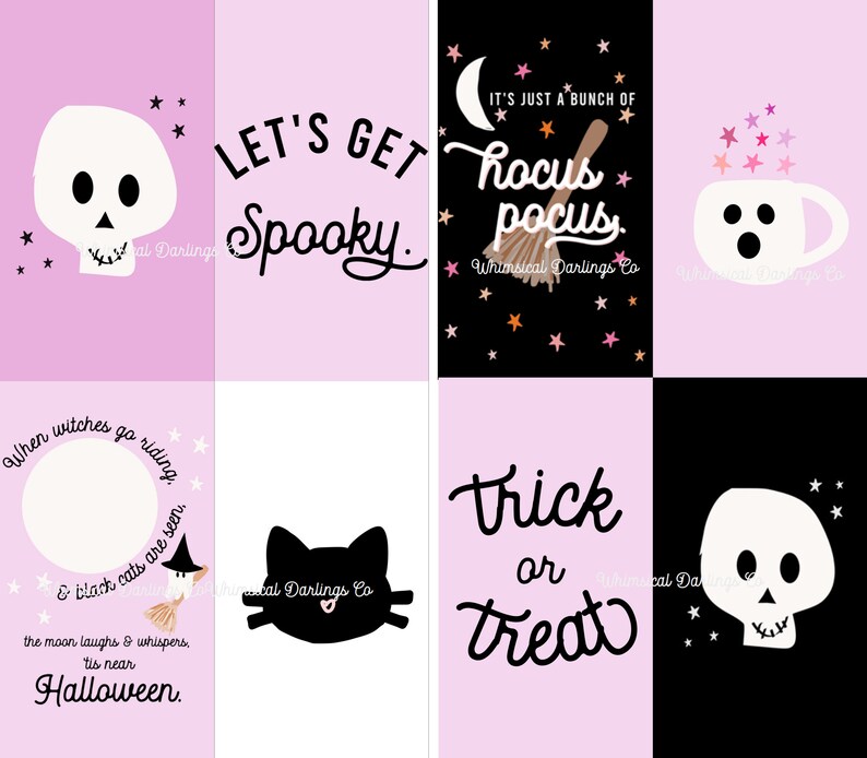 May include: A set of six printable Halloween cards featuring black and white illustrations of skulls, a cat, a ghost, and a witch's hat. The cards have a pink and black background with stars and the text "Let's Get Spooky", "Hocus Pocus", "Trick or Treat", and "When witches go riding and black cats are seen, the moon laughs and whispers, 'tis near Halloween."