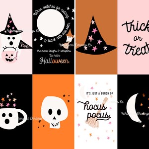 May include: A set of six printable Halloween cards featuring illustrations of a ghost, a witch's hat, a skull, a broom, a crescent moon, and a mug. The cards have a black, white, orange, and pink color scheme and include the text "When witches go riding", "Trick or Treat", "Hocus Pocus", and "Halloween".