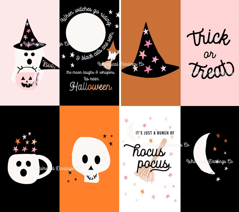 May include: A set of six printable Halloween cards featuring illustrations of a ghost, a witch's hat, a skull, a broom, a crescent moon, and a mug. The cards have a black, white, orange, and pink color scheme and include the text "When witches go riding", "Trick or Treat", "Hocus Pocus", and "Halloween".
