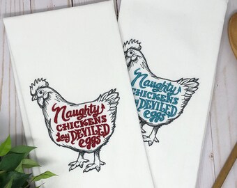 naughty chickens lay deviled eggs but coffee first vintage ball jar Embroidered tea towels embroidered flour sack towels