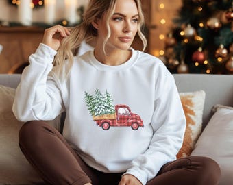 Vintage Truck with Christmas Trees, Cozy Holiday Sweatshirt, Winter Apparel, Gift for Him/Her, Festive Sweatshirt, Seasonal Style