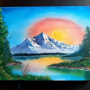 Sunset Rocky Mountains Bob Ross style Landscape Oil painting original on 16x20 stretched canvas