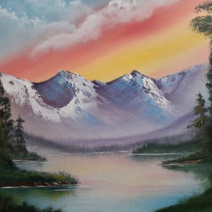 Rainbow Lake Mountain Sunset original oil painting on canvas 16&quot;x20&quot;